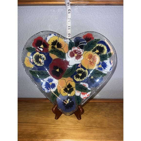 10" Peggy Karr Fused Glass Bowl - Valentine's Heart w Roses - NWOT - - Picture 1 of 3